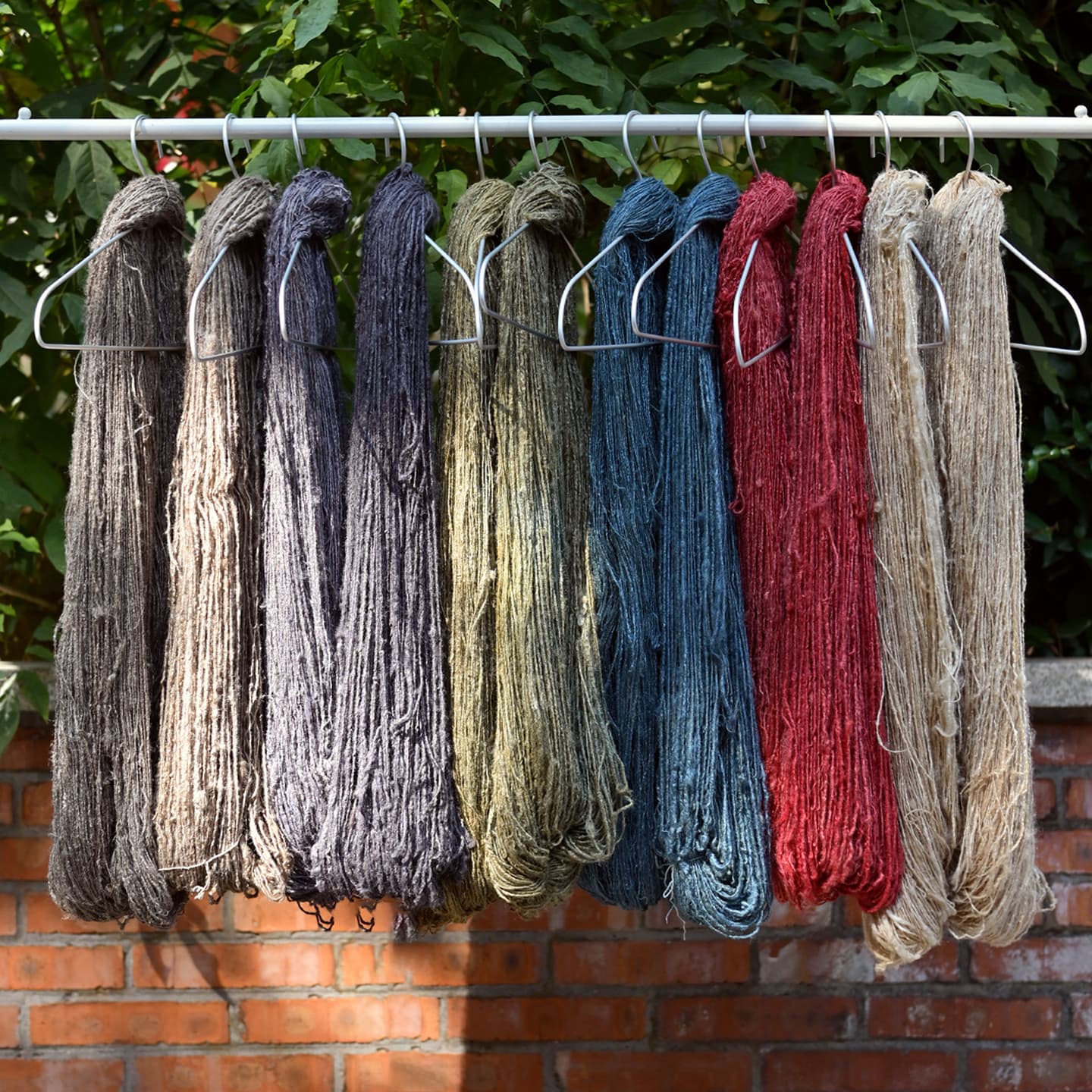 Natural-dyed yarn skeins hanging together in a range of colors.