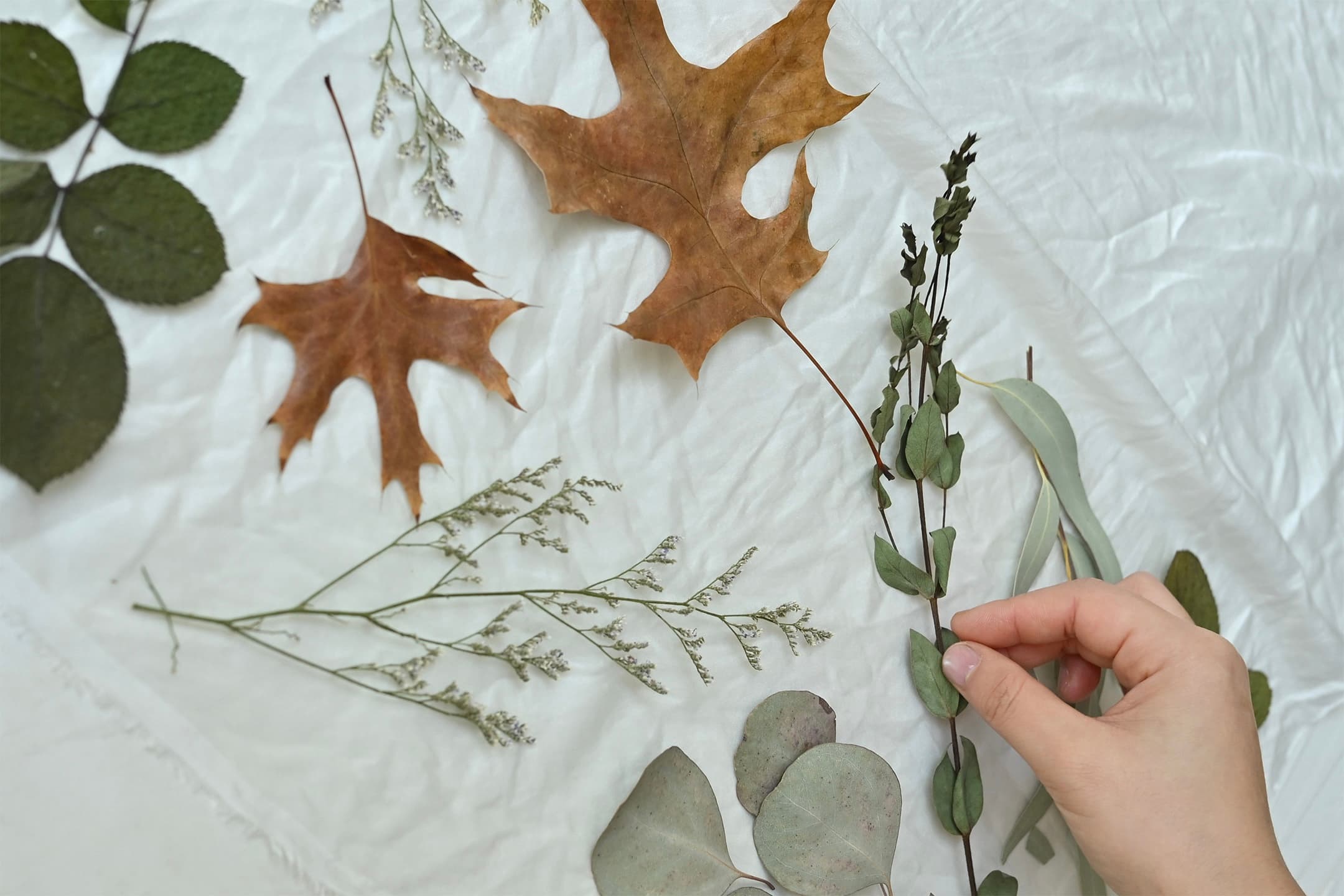 Botanical materials arranged by hand on a textile during the making process.