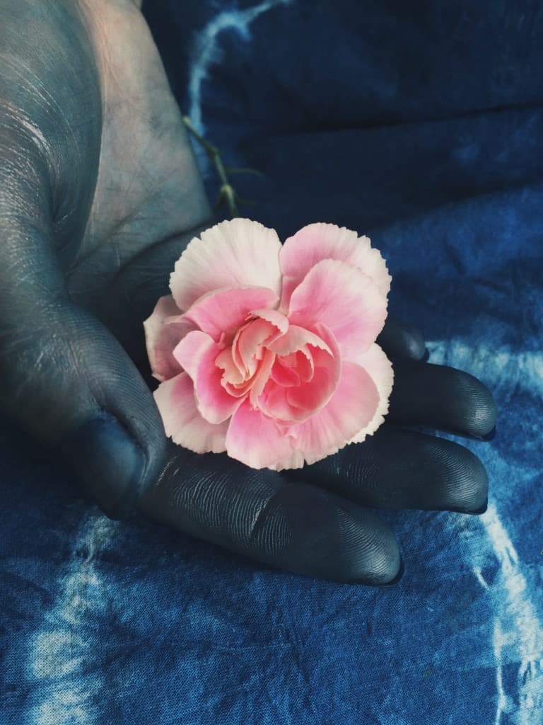 Indigo-stained hands holding a flower above patterned indigo cloth.