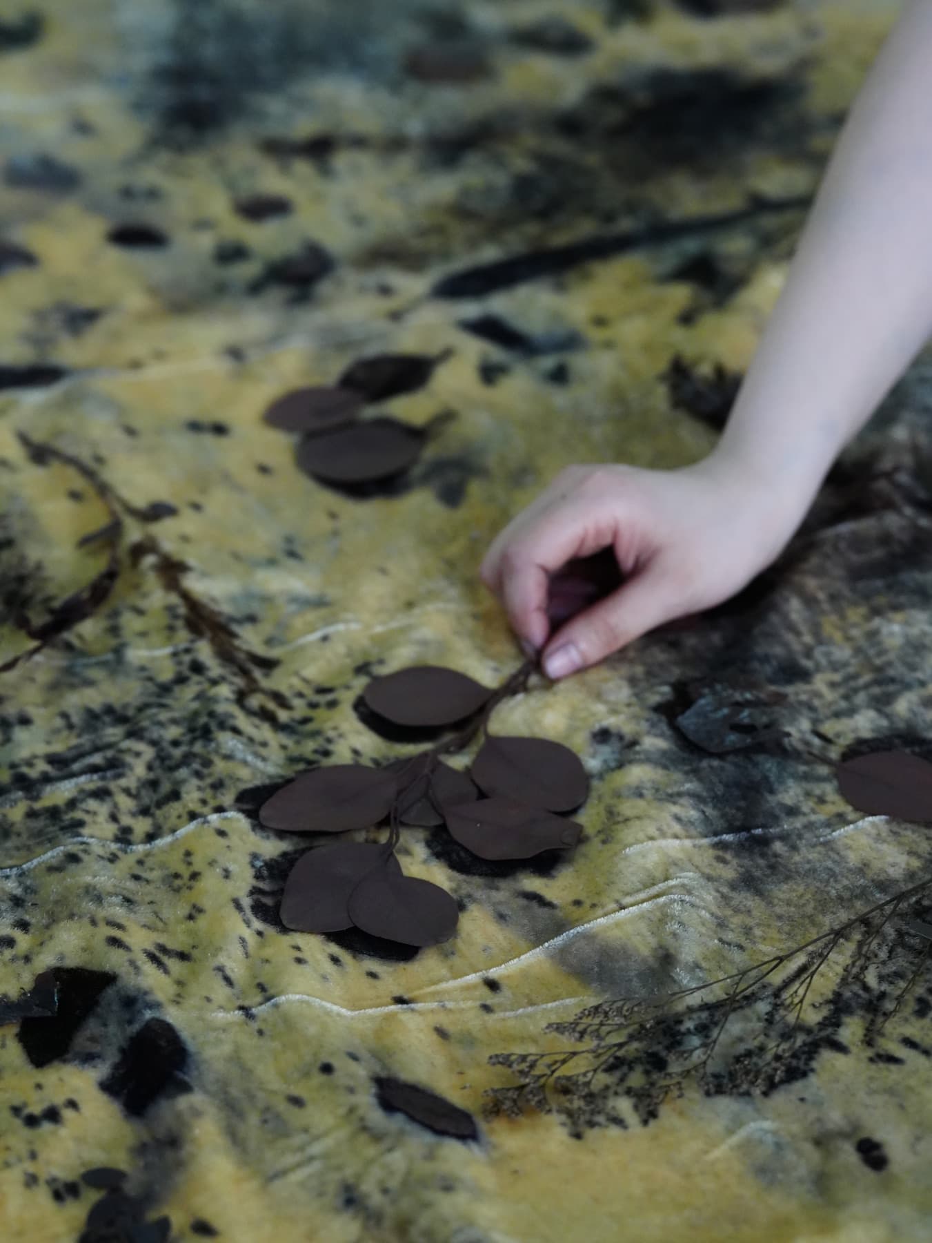 A hand arranging leaves on fabric during a botanical printing process.